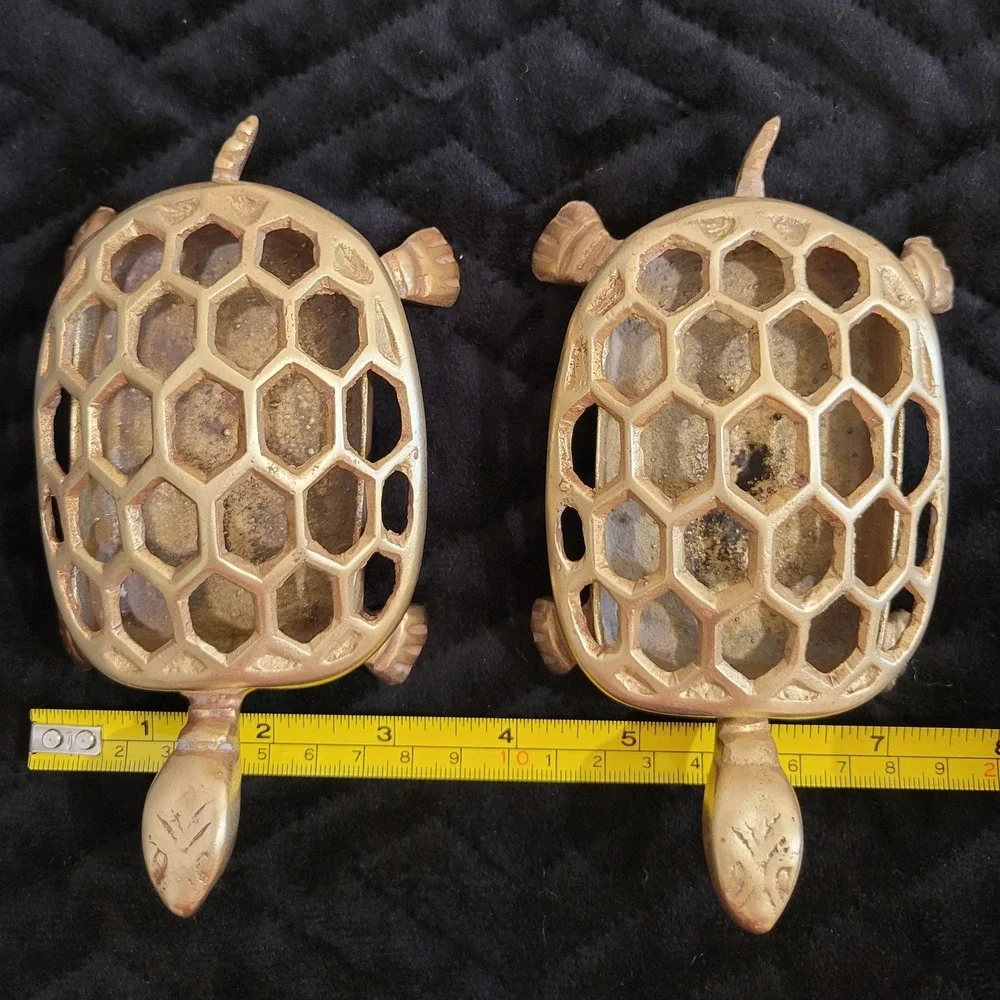 Vintage Brass Turtle Trinket Box Set (2pc) Honeycomb Lattice Shell Potpourri Fun